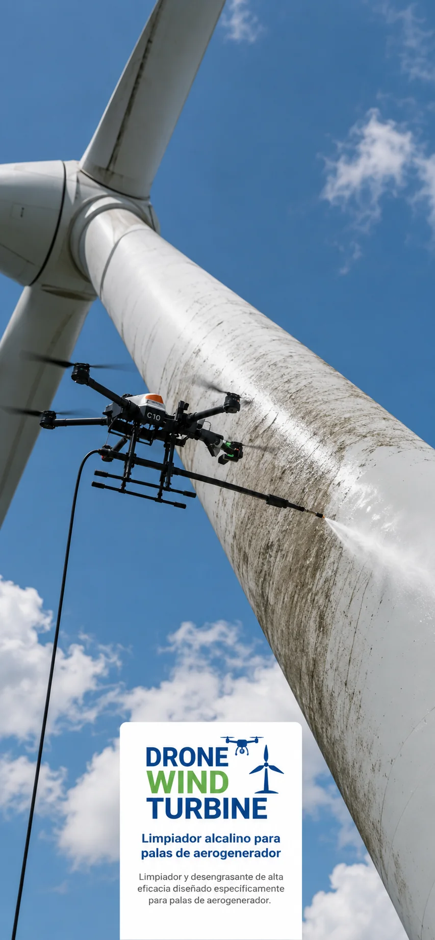 Dron de limpieza operando sobre la pala de un aerogenerador