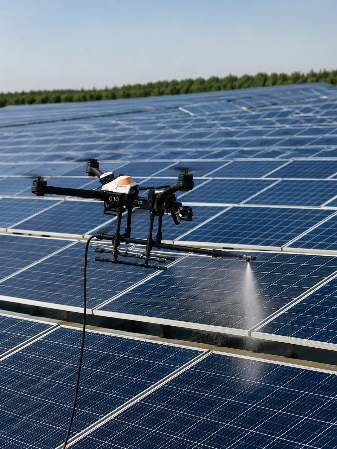 Dron industrial operando sobre una instalación fotovoltaica