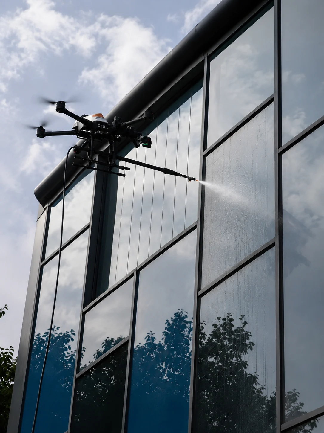 Fachada de cristal sin marcas tras limpieza con dron